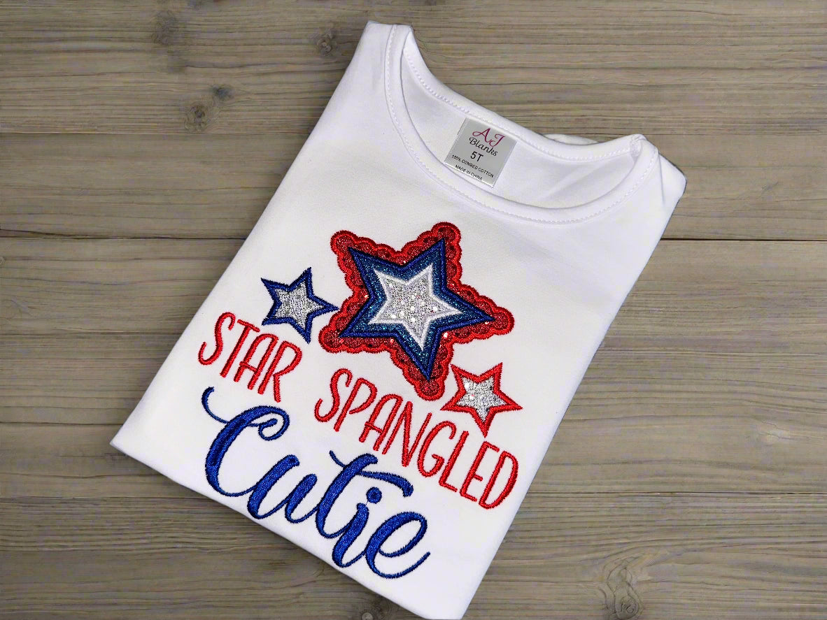Fourth of July shirt for girls. embroidered Star Spangled Cutie cotton shirt