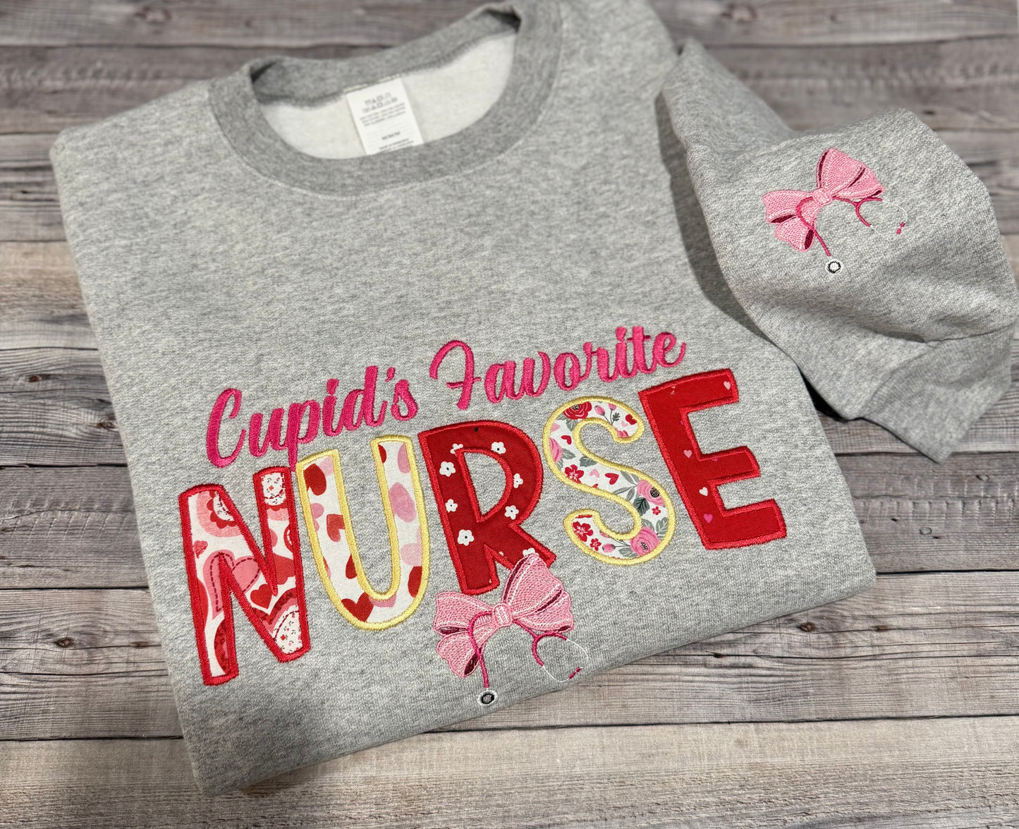 Nurse Valentine's Day Sweatshirt| Cupid's Favorite Nurse Applique Embroidered Sweatshirt Gift for Nurses
