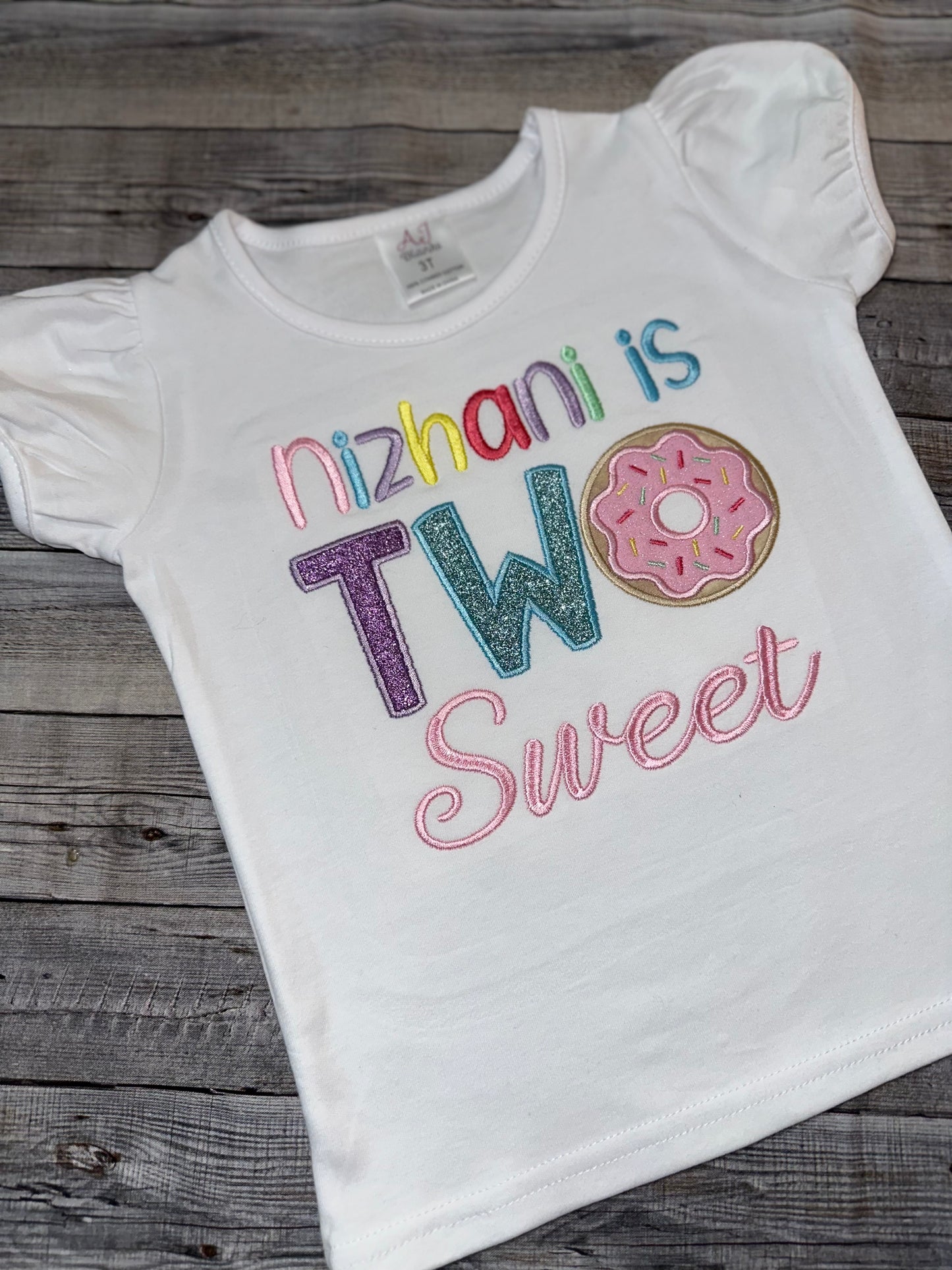 TWO sweet themed birthday outfit, ribbon trimmed skirt with matching donut shirt.