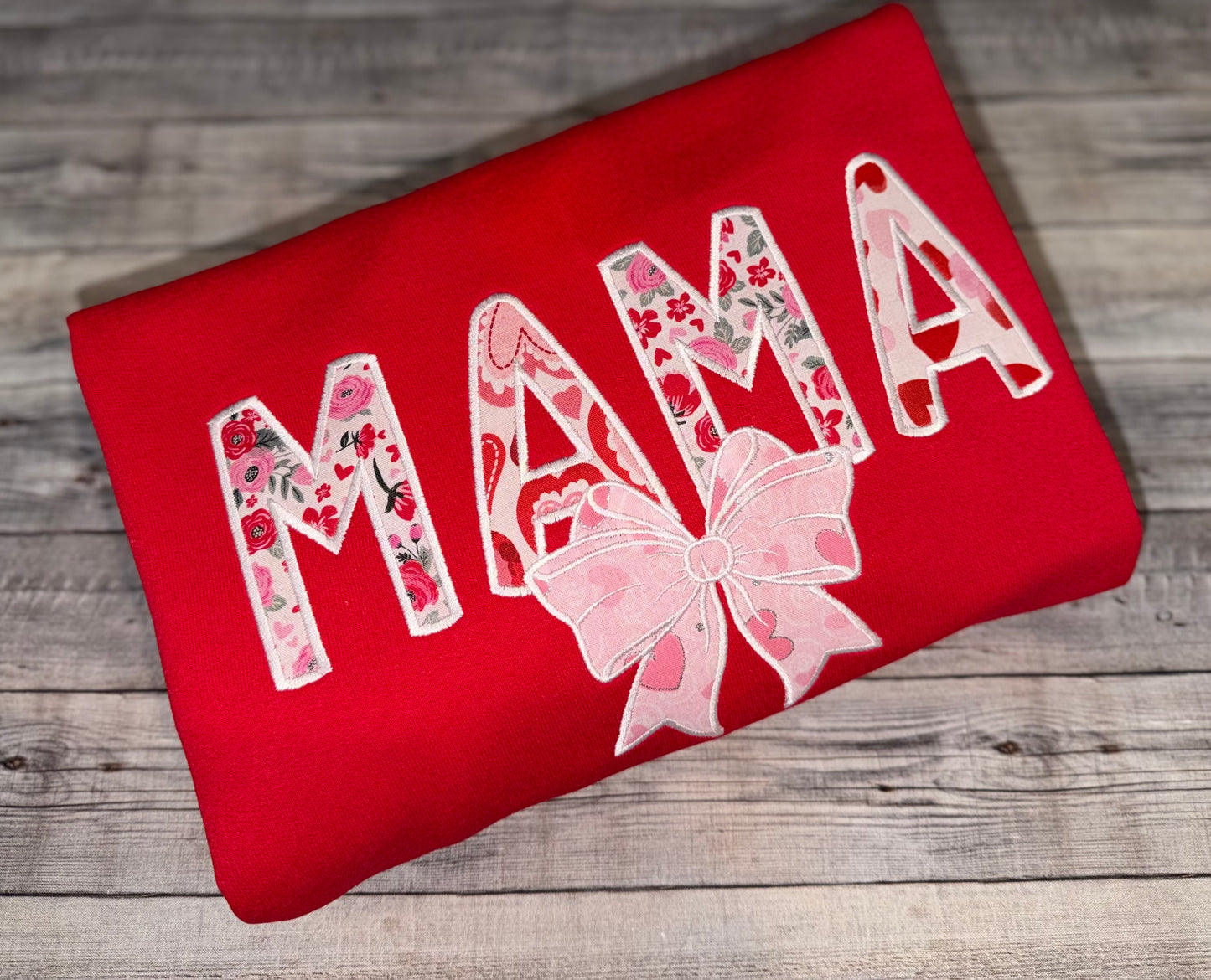Mama Valentine's Day Sweatshirt| Applique Embroidered MAMA Crewneck with Bow, Cute Valentine Gift for Mom