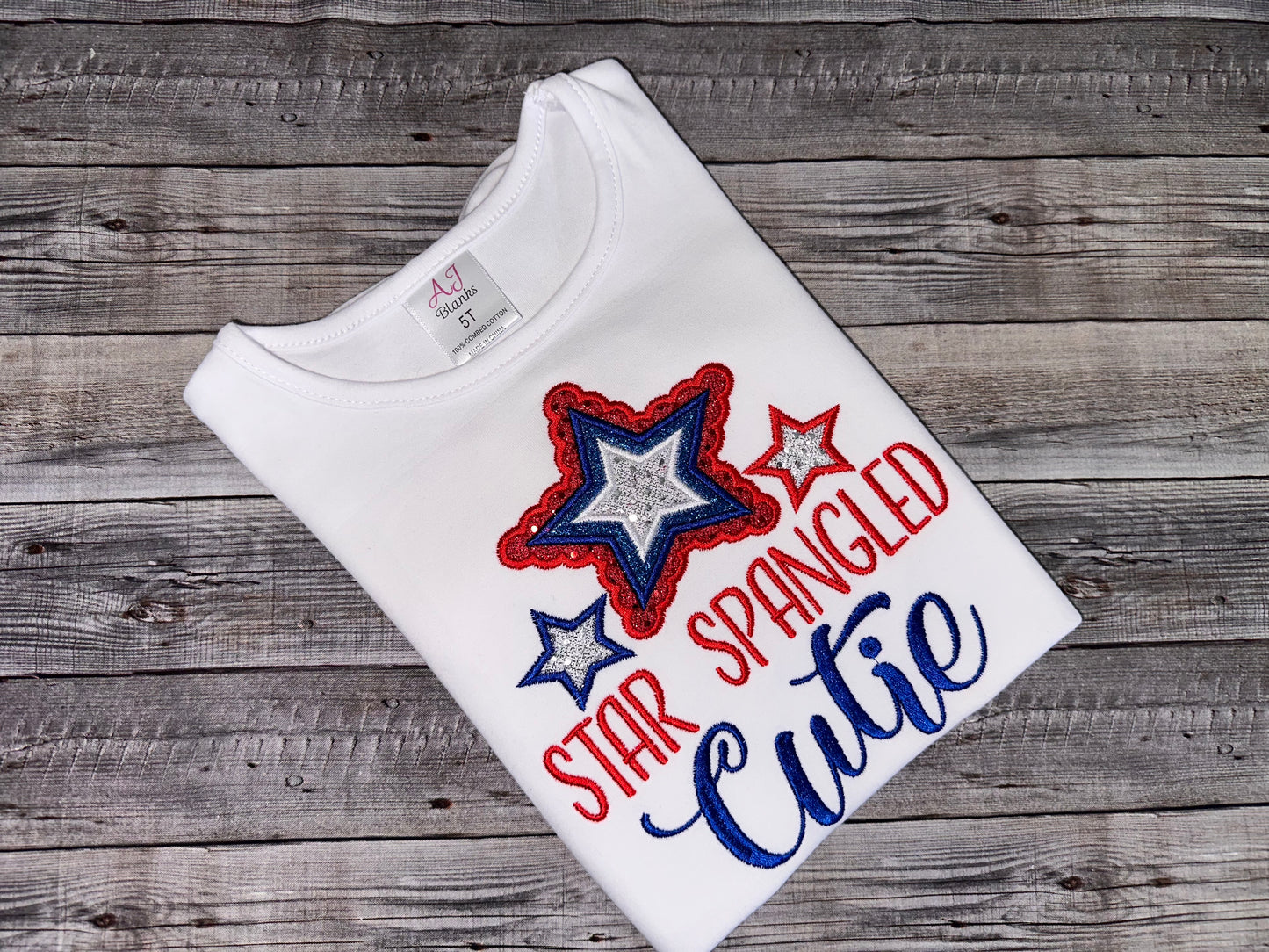 Fourth of July shirt for girls. embroidered Star Spangled Cutie cotton shirt