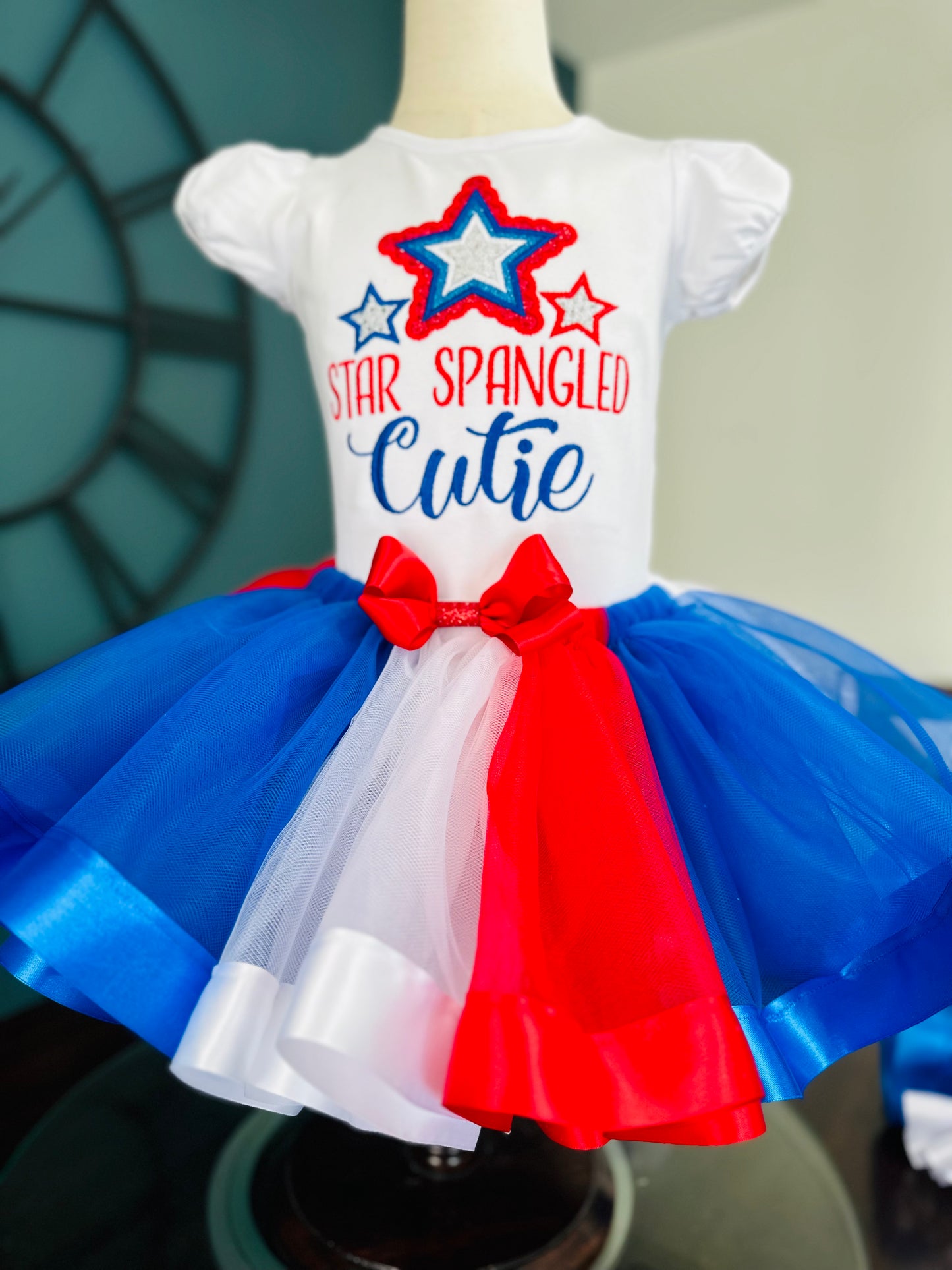 Fourth of July shirt for girls. embroidered Star Spangled Cutie cotton shirt