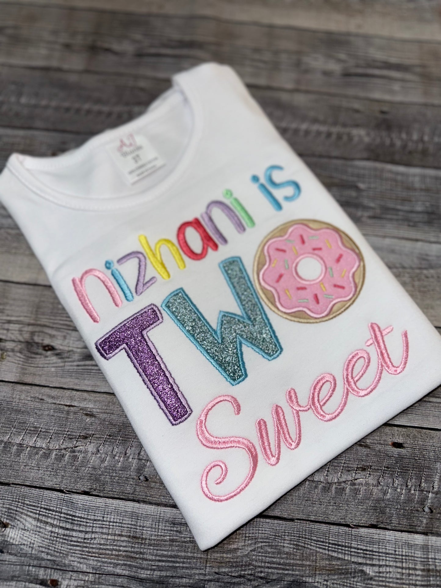 TWO sweet themed birthday outfit, ribbon trimmed skirt with matching donut shirt.