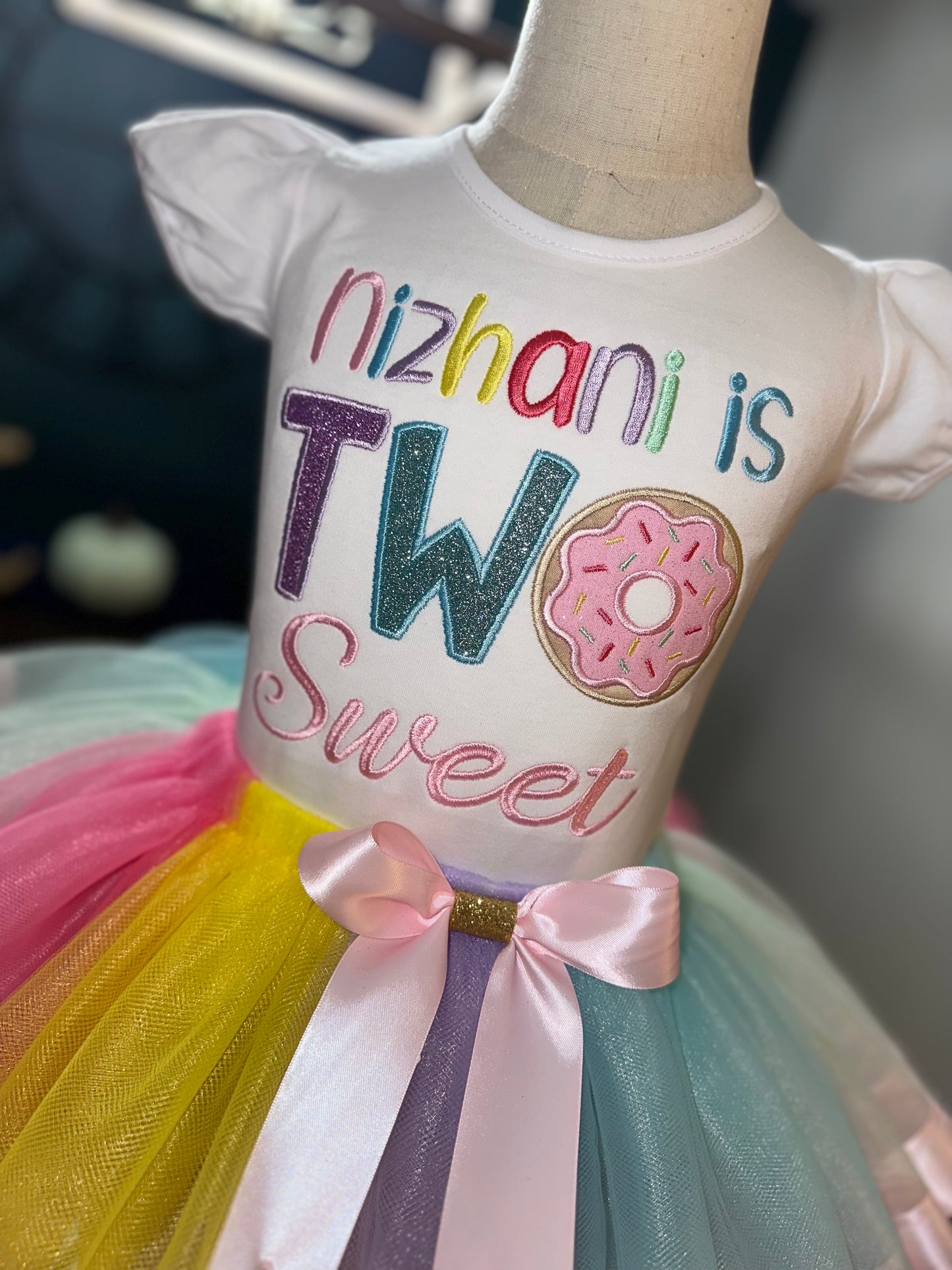 TWO sweet themed birthday outfit, ribbon trimmed skirt with matching donut shirt.