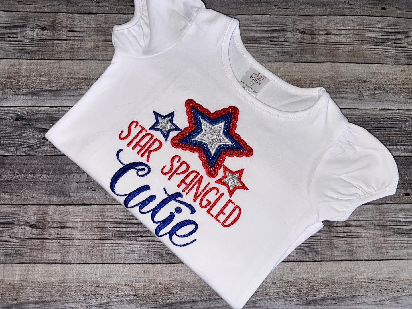 Fourth of July shirt for girls. embroidered Star Spangled Cutie cotton shirt
