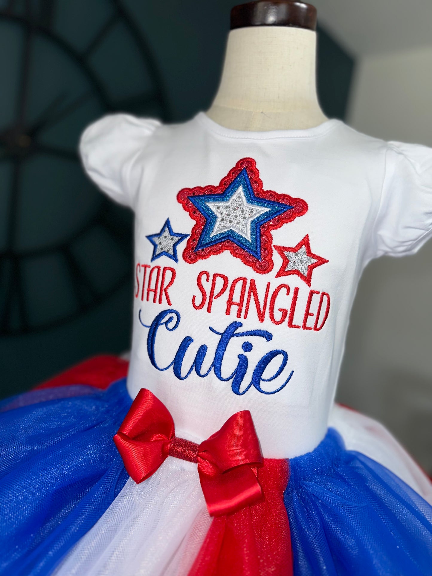 Fourth of July shirt for girls. embroidered Star Spangled Cutie cotton shirt