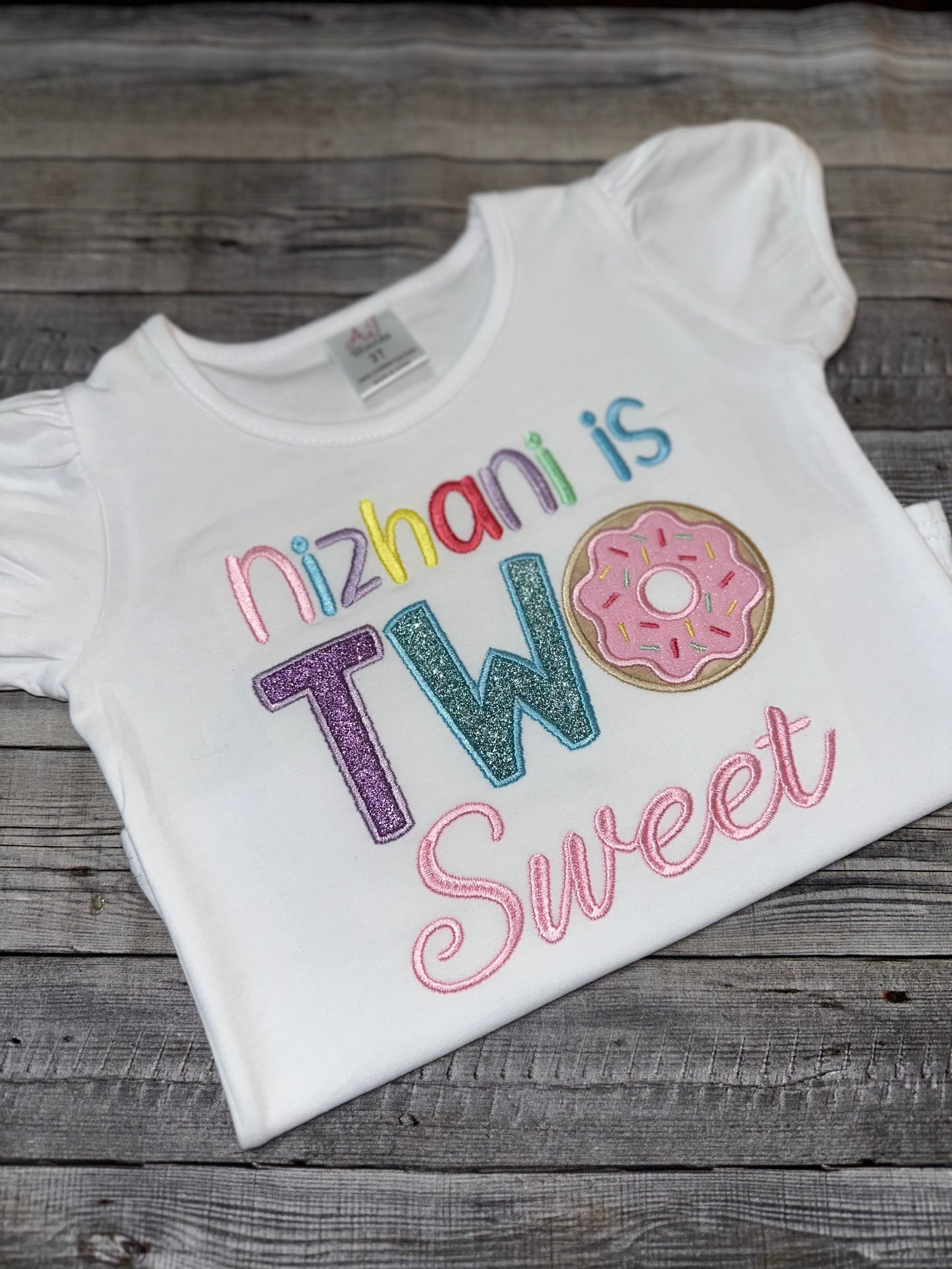 TWO sweet themed birthday outfit, ribbon trimmed skirt with matching donut shirt.