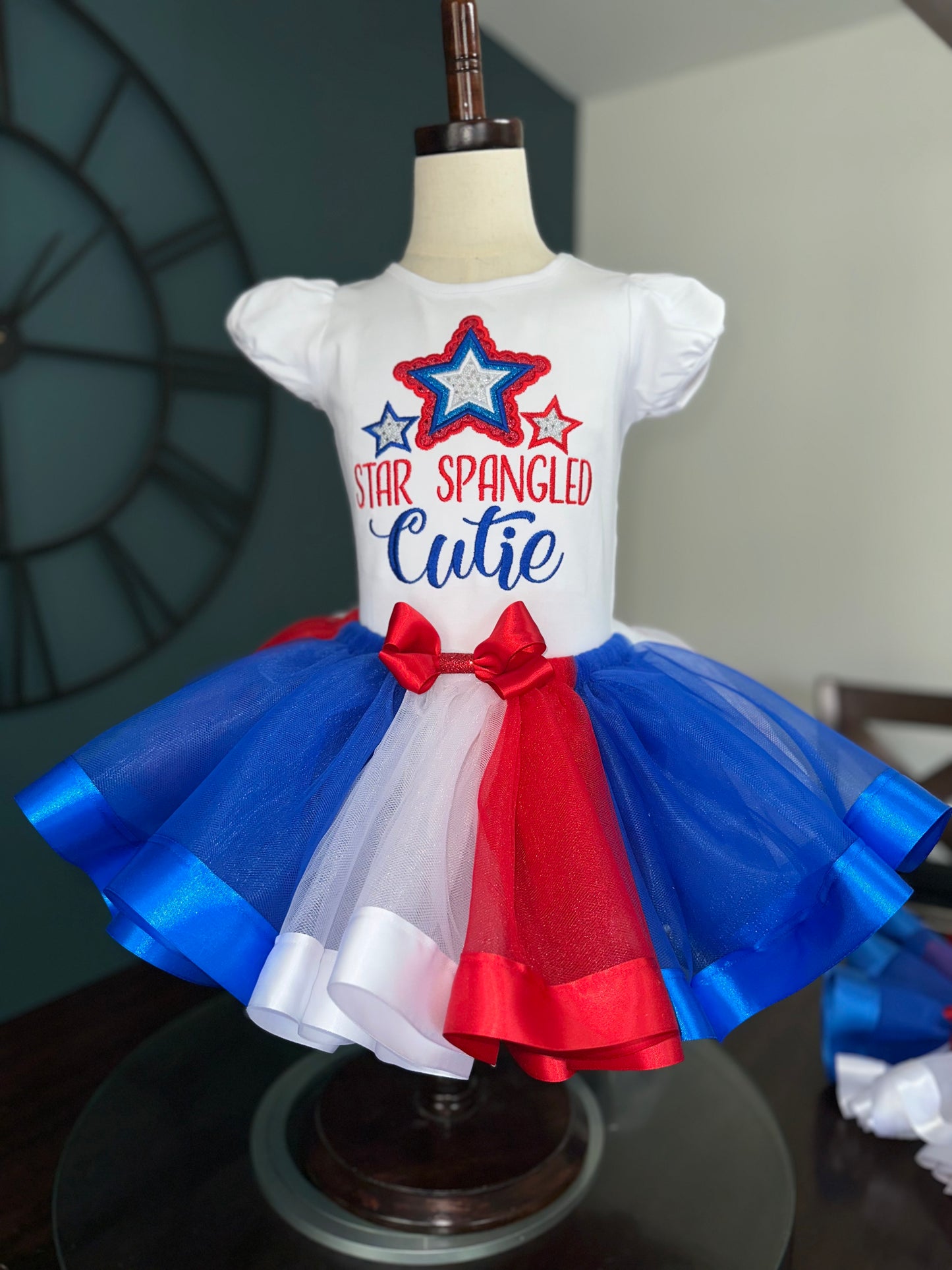 Fourth of July shirt for girls. embroidered Star Spangled Cutie cotton shirt