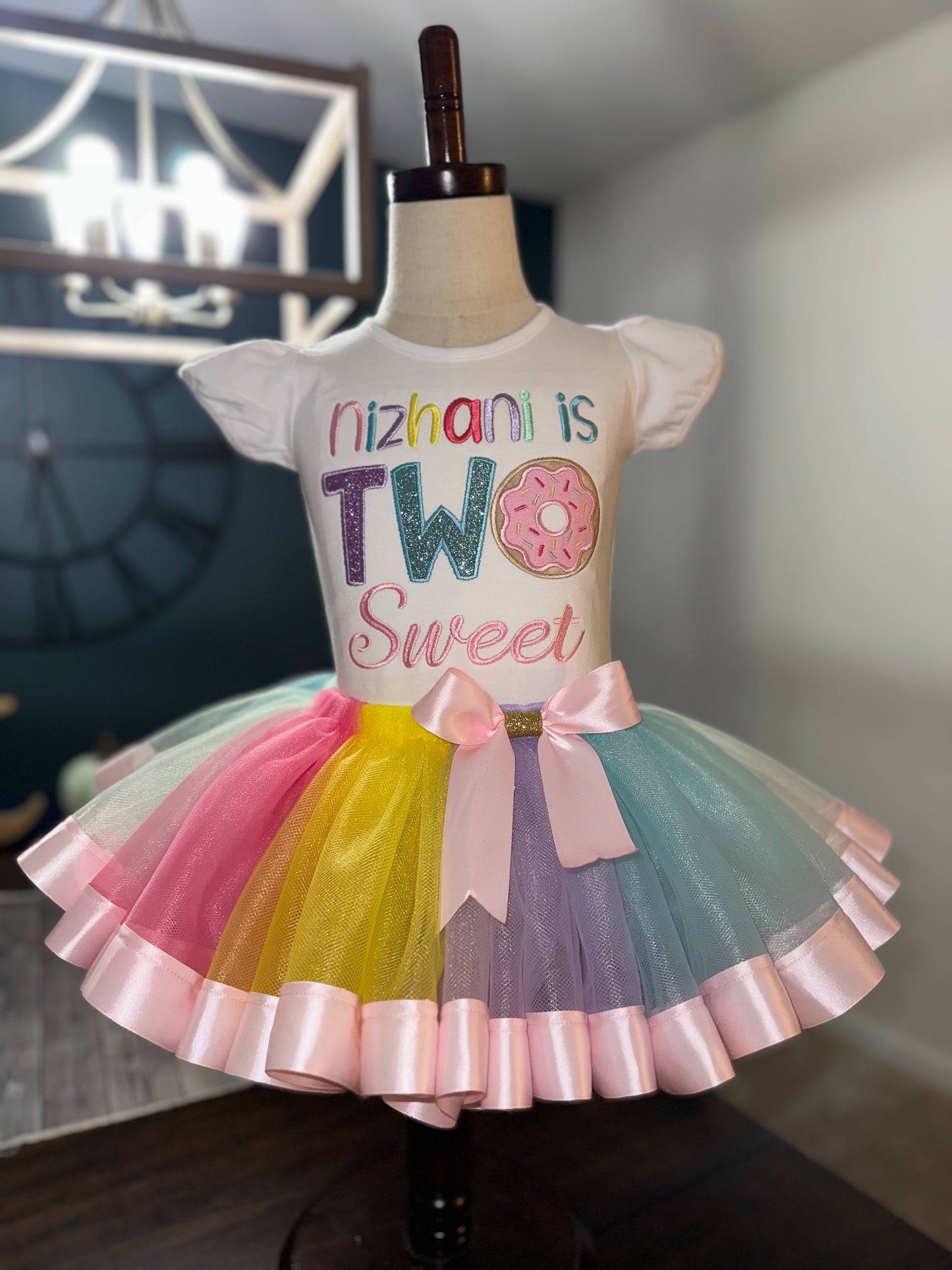 TWO sweet themed birthday outfit, ribbon trimmed skirt with matching donut shirt.