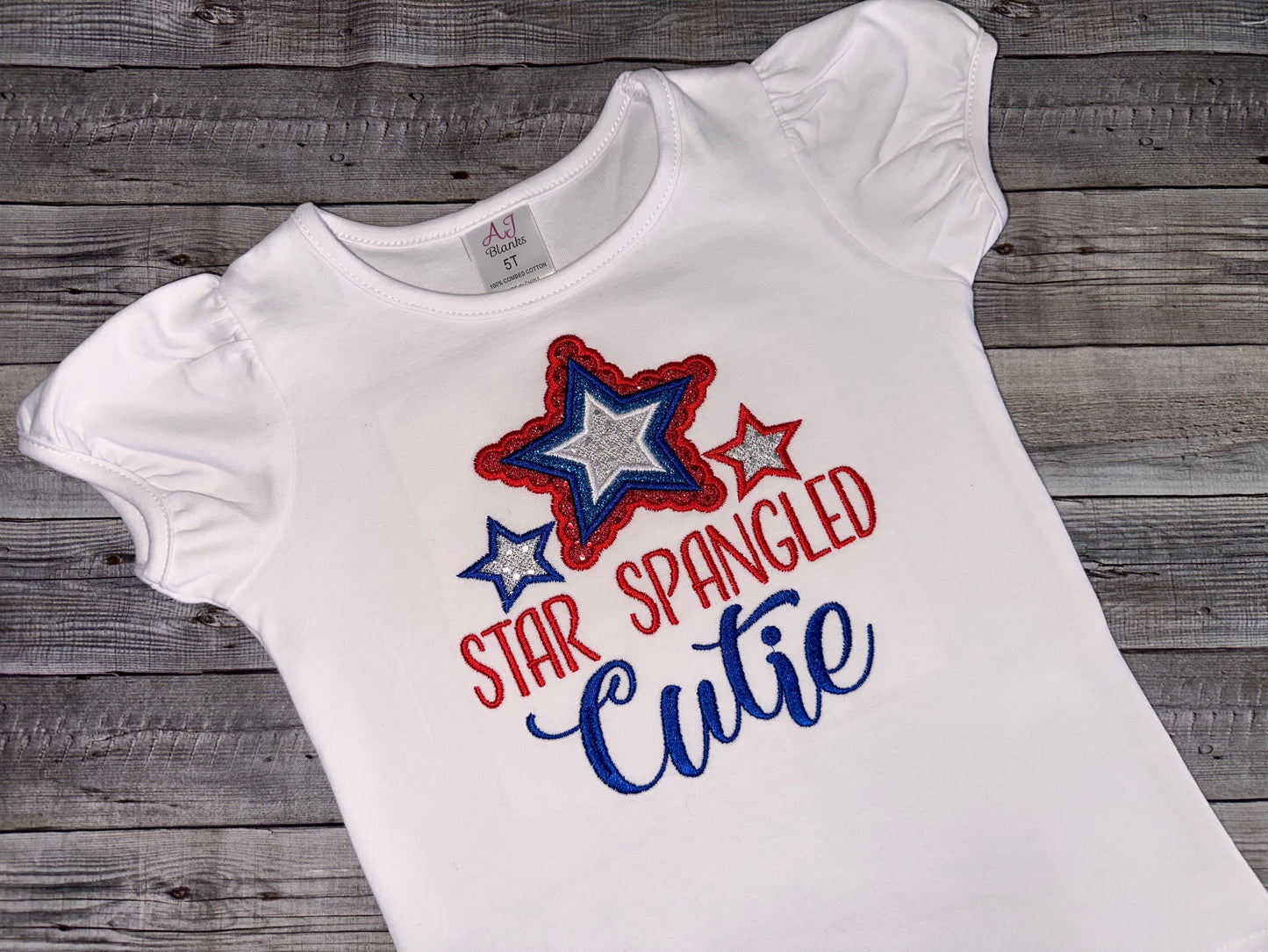 Fourth of July shirt for girls. embroidered Star Spangled Cutie cotton shirt