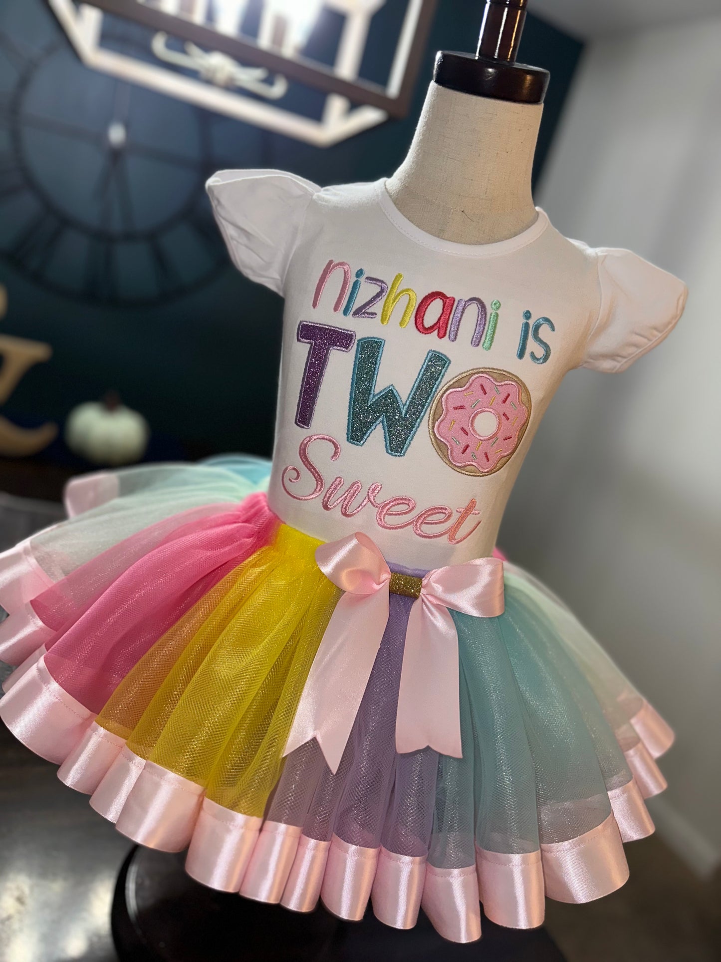 TWO sweet themed birthday outfit, ribbon trimmed skirt with matching donut shirt.