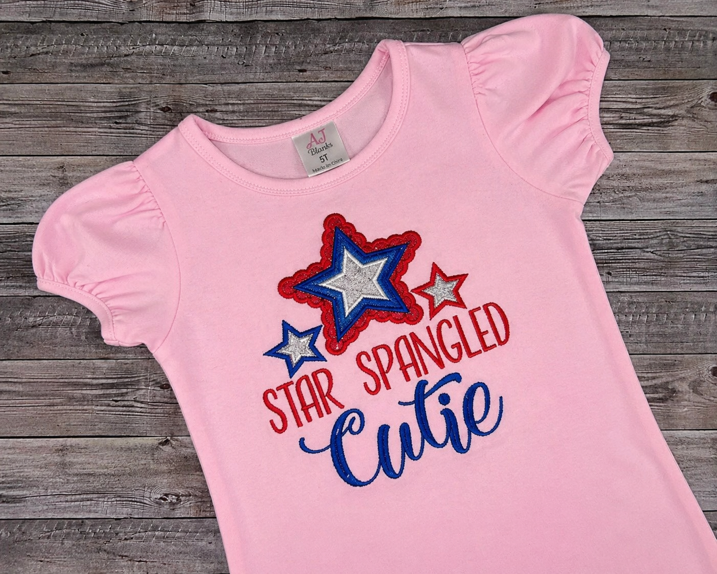 Star Spangled Cutie Embroidered Pink Puff Sleeve Shirt – Girls 4th of July Outfit