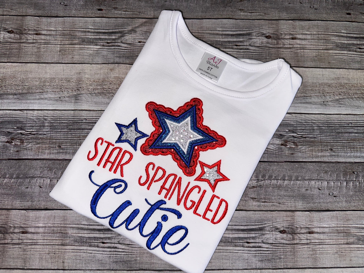 Fourth of July shirt for girls. embroidered Star Spangled Cutie cotton shirt