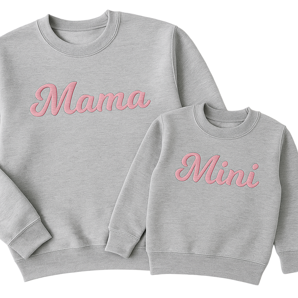 Gray sweatshirts with 'Mama' and 'Mini' text on a light background