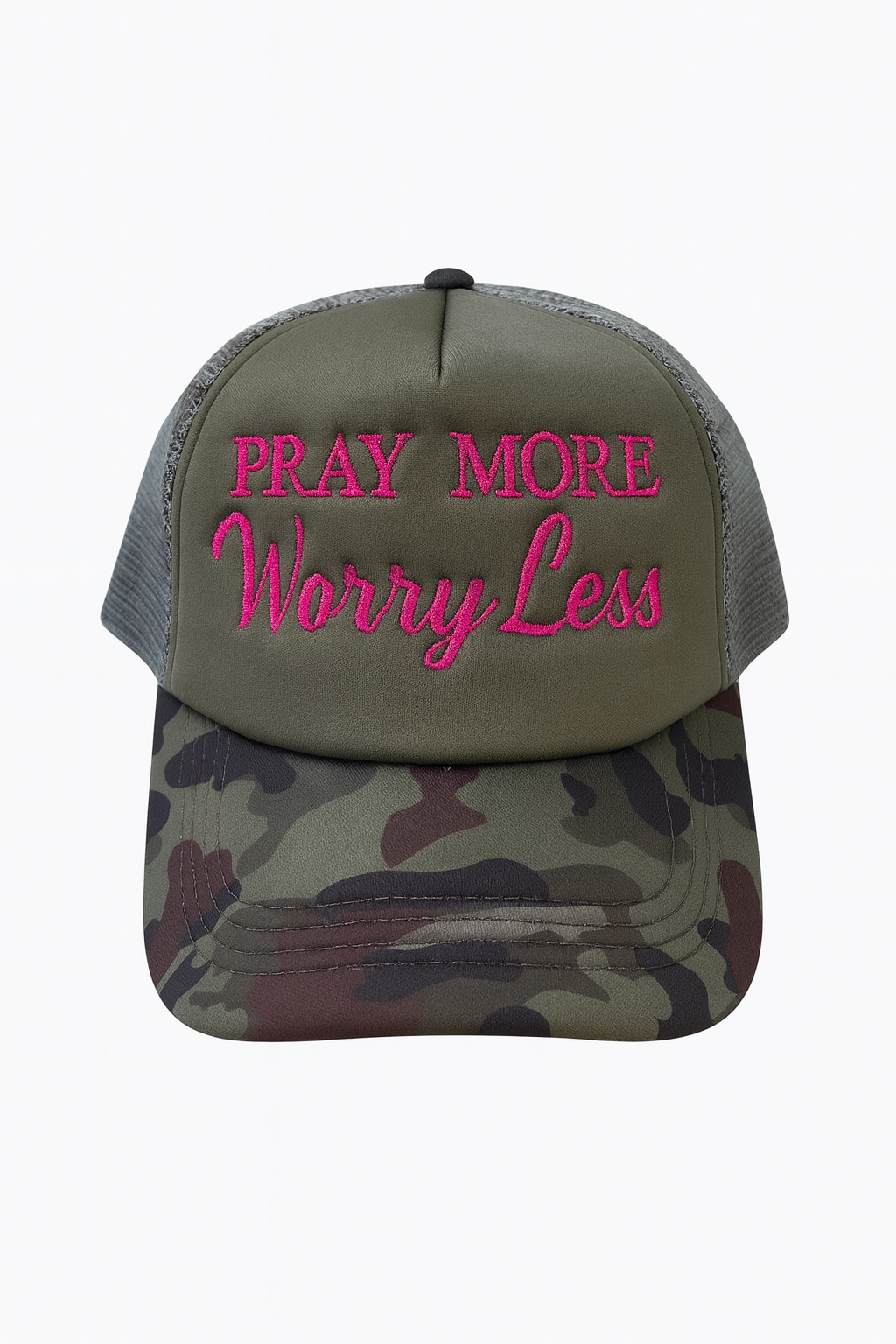 Camo trucker hat- Pray more, Worry less