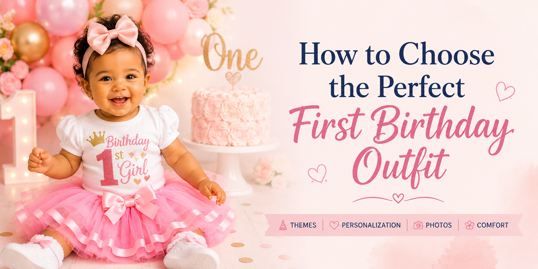 how to choose the perfect first birthday outfit for a baby girl feating a pink tutu outfit, birthday balloons and first birthday celebration decorations