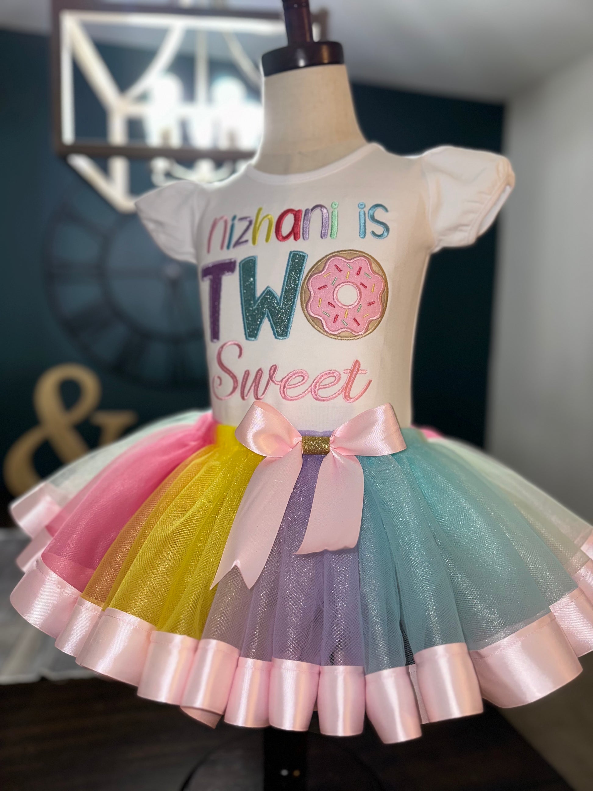 TWO sweet themed birthday outfit, ribbon trimmed skirt with matching donut shirt.