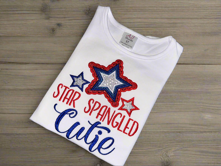 Fourth of July shirt for girls. embroidered Star Spangled Cutie cotton shirt