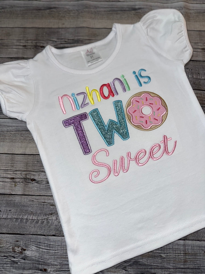 TWO sweet themed birthday outfit, ribbon trimmed skirt with matching donut shirt.