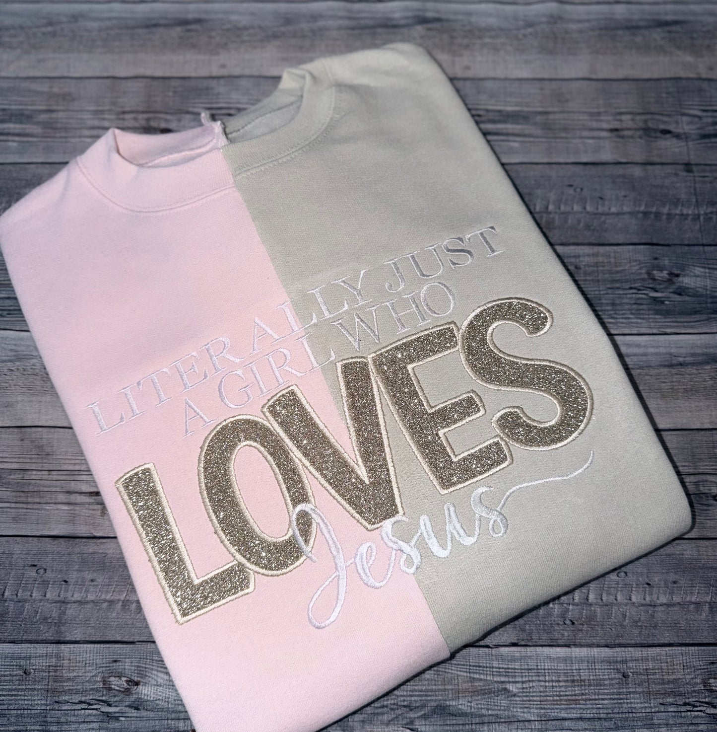 Literally Just a Girl Who Loves Jesus Glitter Appliqué Sweatshirt-split