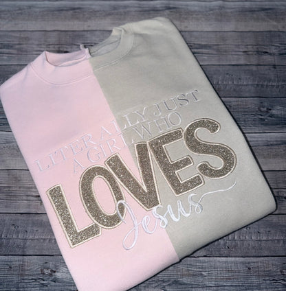 Literally Just a Girl Who Loves Jesus Glitter Appliqué Sweatshirt-split