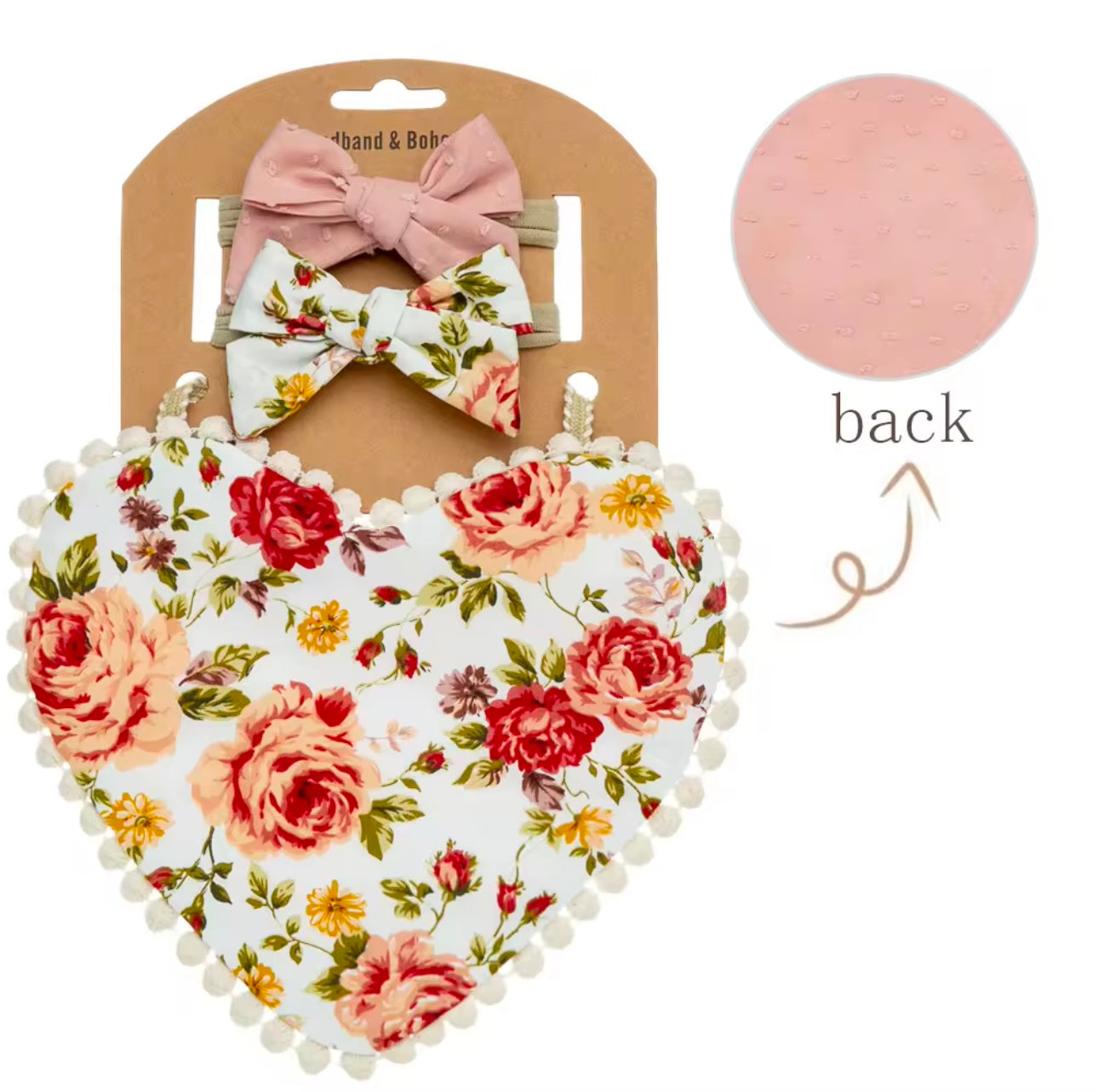 Two-sided floral printed, heart shaped bibs with matching bows