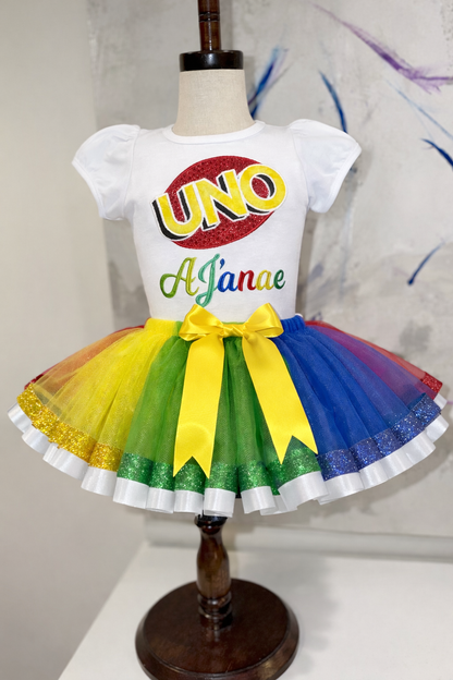 Uno birthday outfit- white shirt double trim