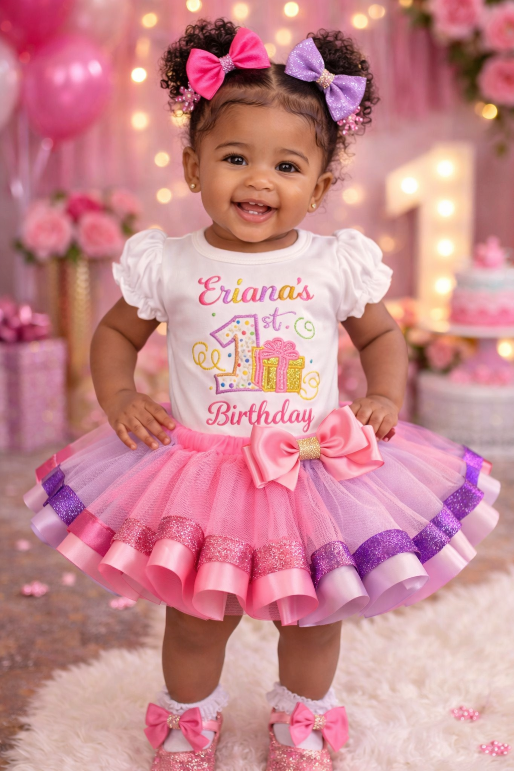 Personalized First Birthday Pink & Purple Tutu Outfit – Custom Name 1st Birthday Shirt & Ribbon Trim Tulle Skirt Set