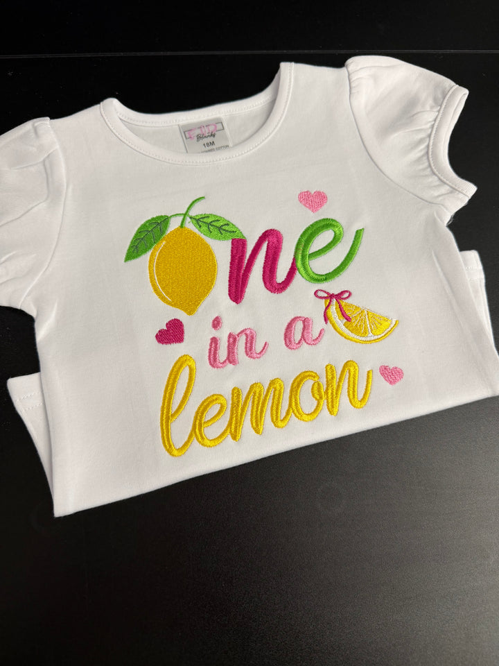 One in a Lemon Birthday Outfit- Embroidered Lemon Shirt &amp; Double Trim Tutu Set