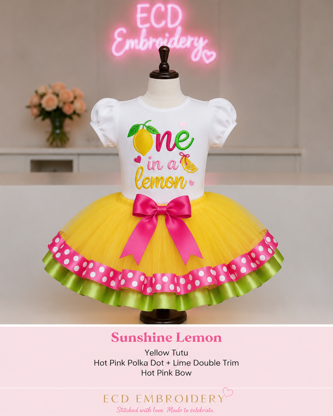 One in a Lemon Birthday Outfit- Embroidered Lemon Shirt &amp; Double Trim Tutu Set