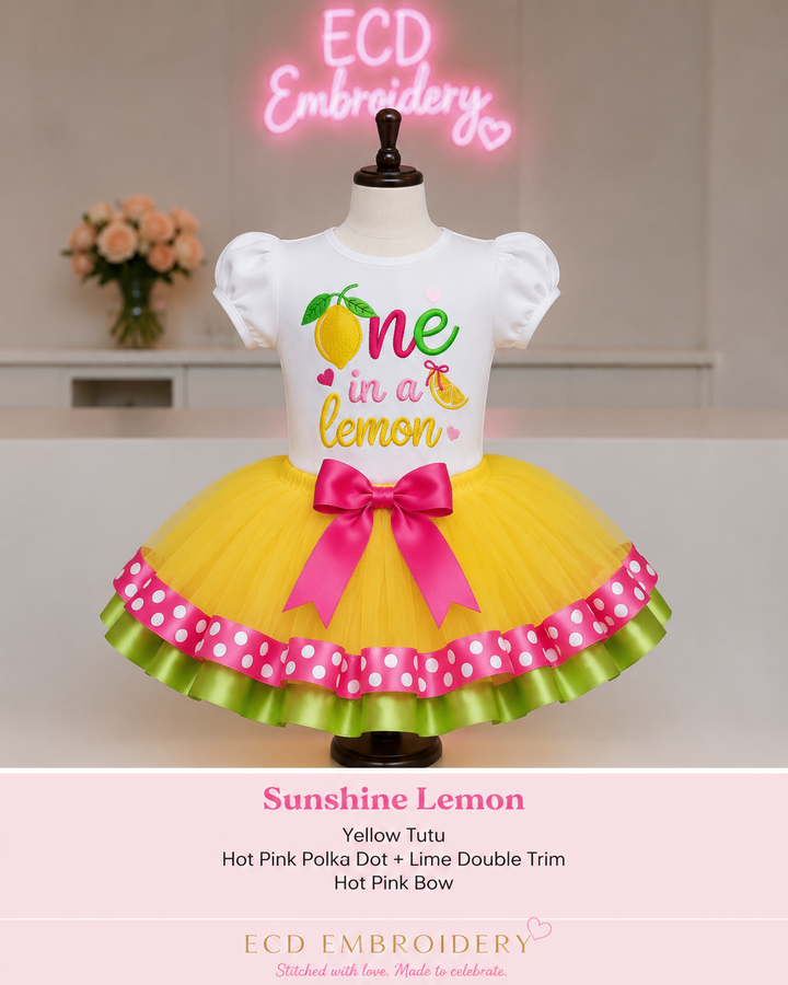 One in a Lemon Birthday Outfit- Embroidered Lemon Shirt &amp; Double Trim Tutu Set