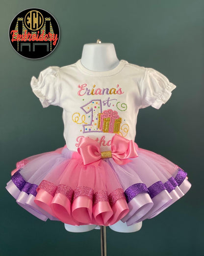 first birthday outfit. double trim tulle skirt with matching puff sleeve toddler shirt 