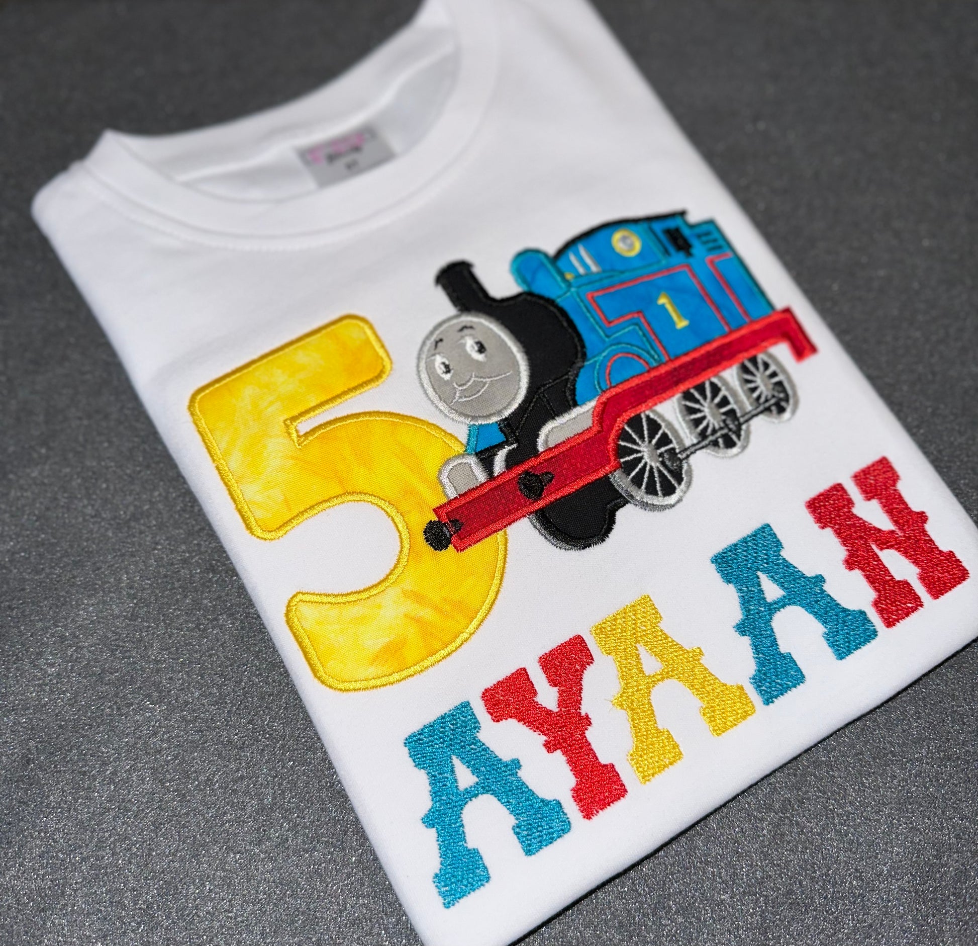 Thomas the train theme birthday shirt for boys. Embroidered on white crew neck