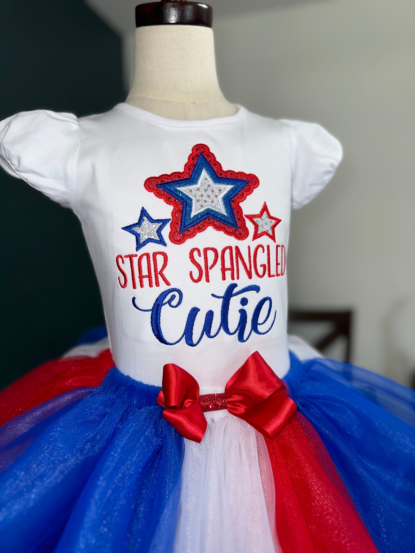 Fourth of July shirt for girls. embroidered Star Spangled Cutie cotton shirt