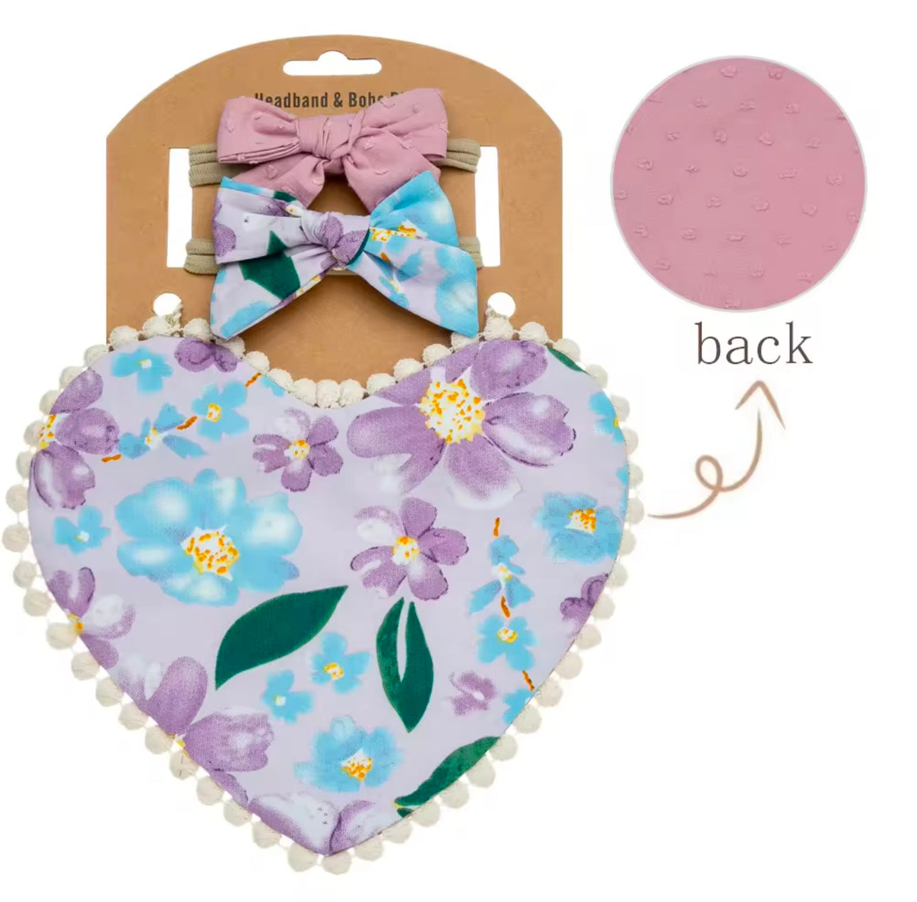 Two-sided floral printed, heart shaped bibs with matching bows