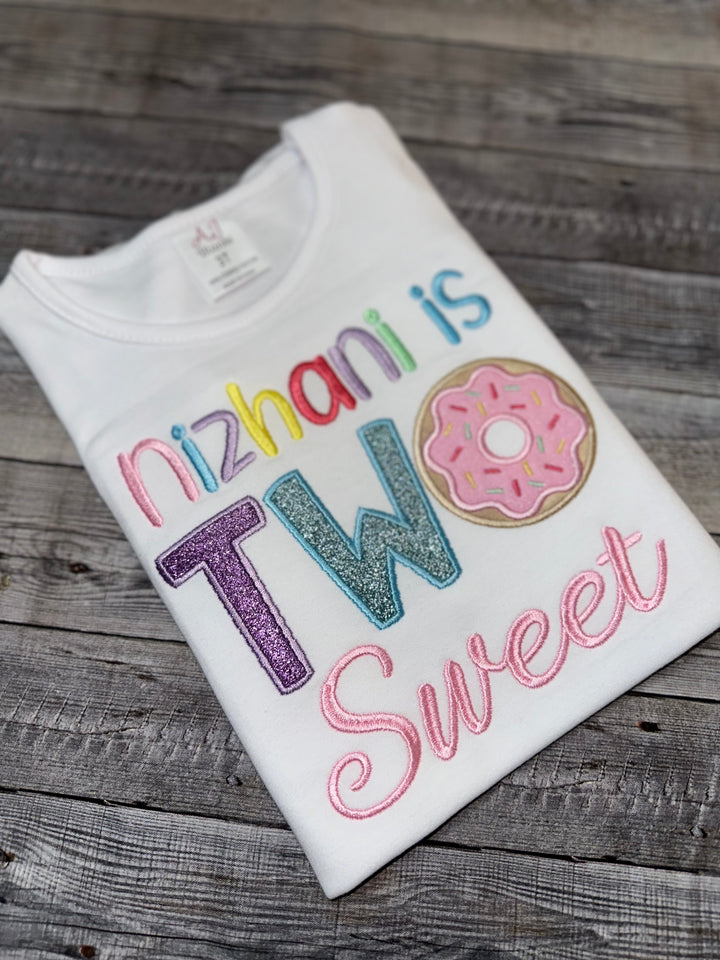 TWO sweet themed birthday outfit, ribbon trimmed skirt with matching donut shirt.