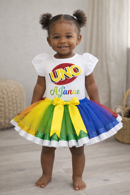 Uno birthday outfit- white shirt double trim