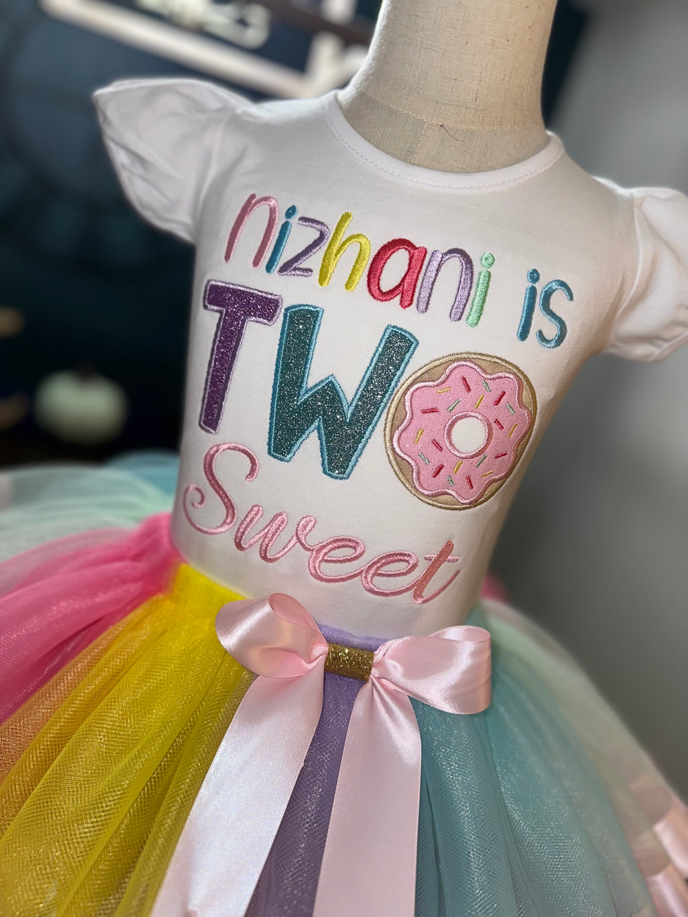 TWO sweet themed birthday outfit, ribbon trimmed skirt with matching donut shirt.