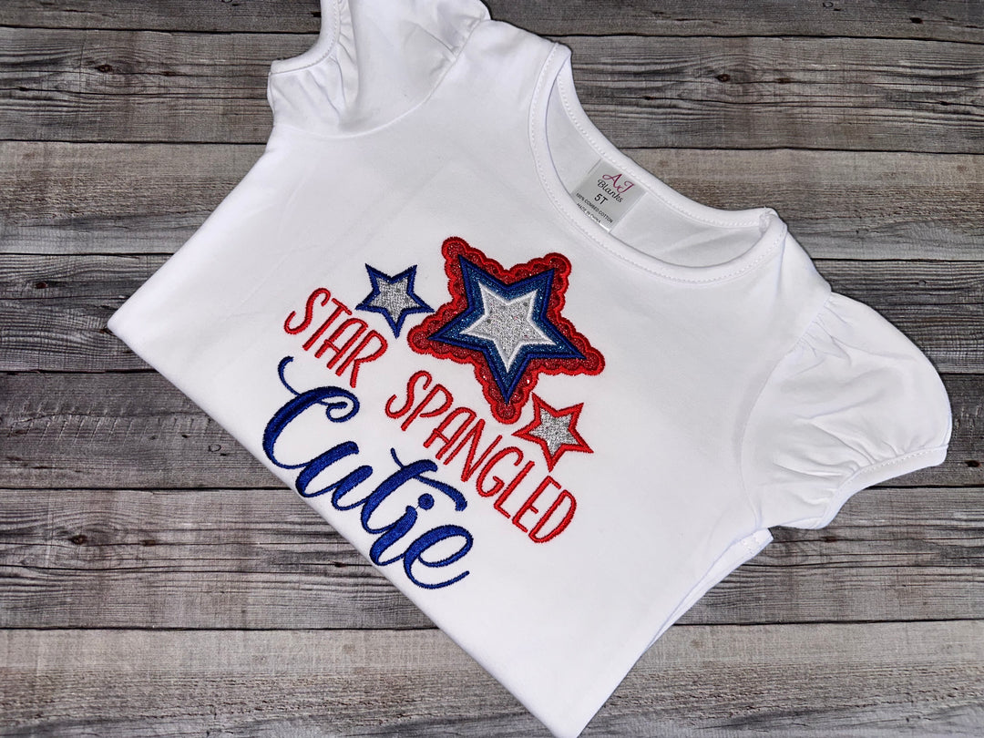 Fourth of July shirt for girls. embroidered Star Spangled Cutie cotton shirt