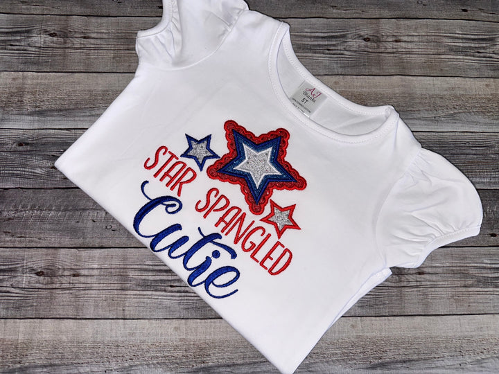 Fourth of July shirt for girls. embroidered Star Spangled Cutie cotton shirt