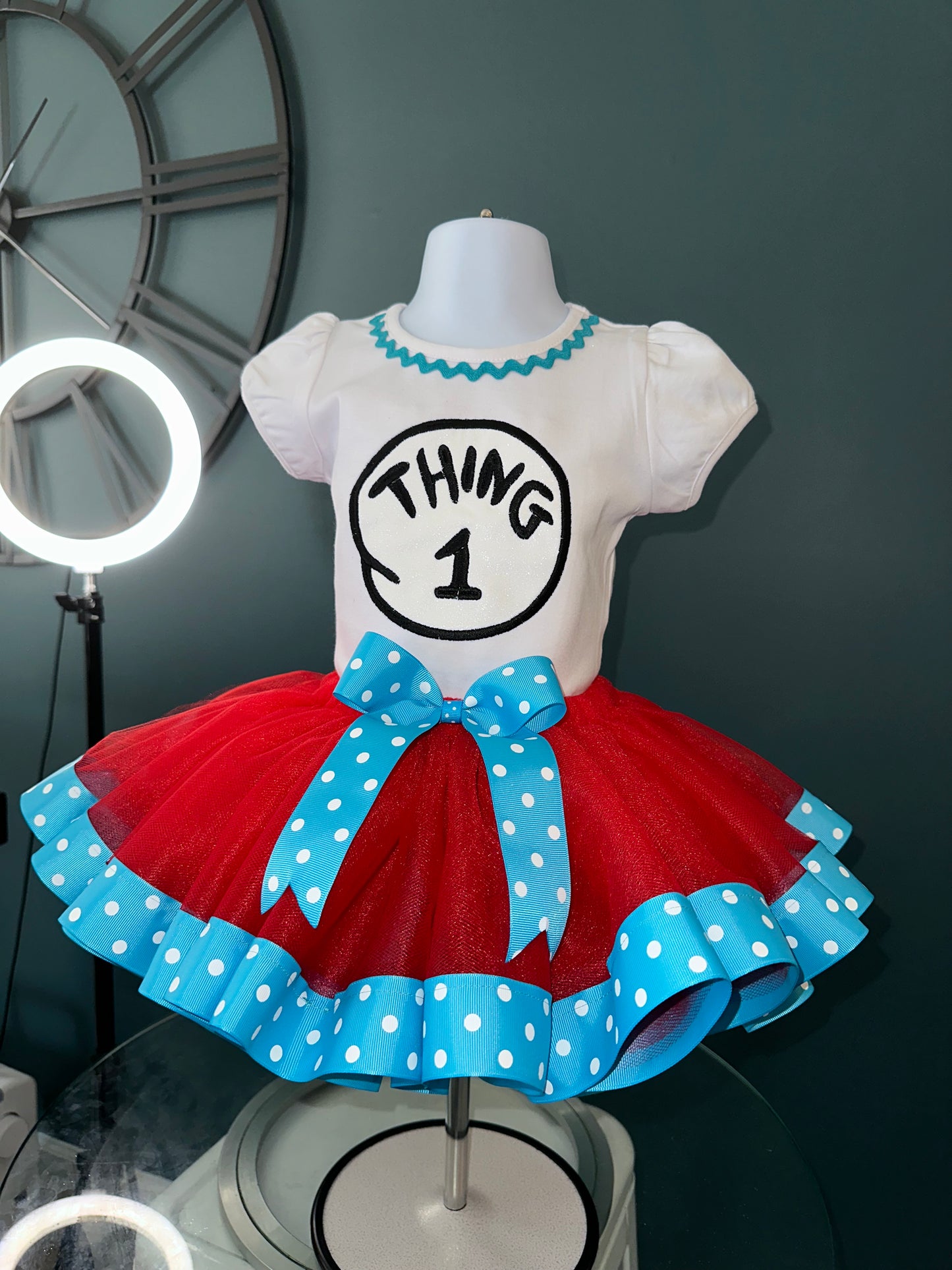 Thing 1 Birthday Tutu Outfit – Dr Seuss Inspired Girl First Birthday Outfit – Red Tutu Set with Blue Polka Dot Bow