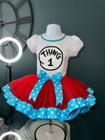 Thing 1 Birthday Tutu Outfit – Dr Seuss Inspired Girl First Birthday Outfit – Red Tutu Set with Blue Polka Dot Bow