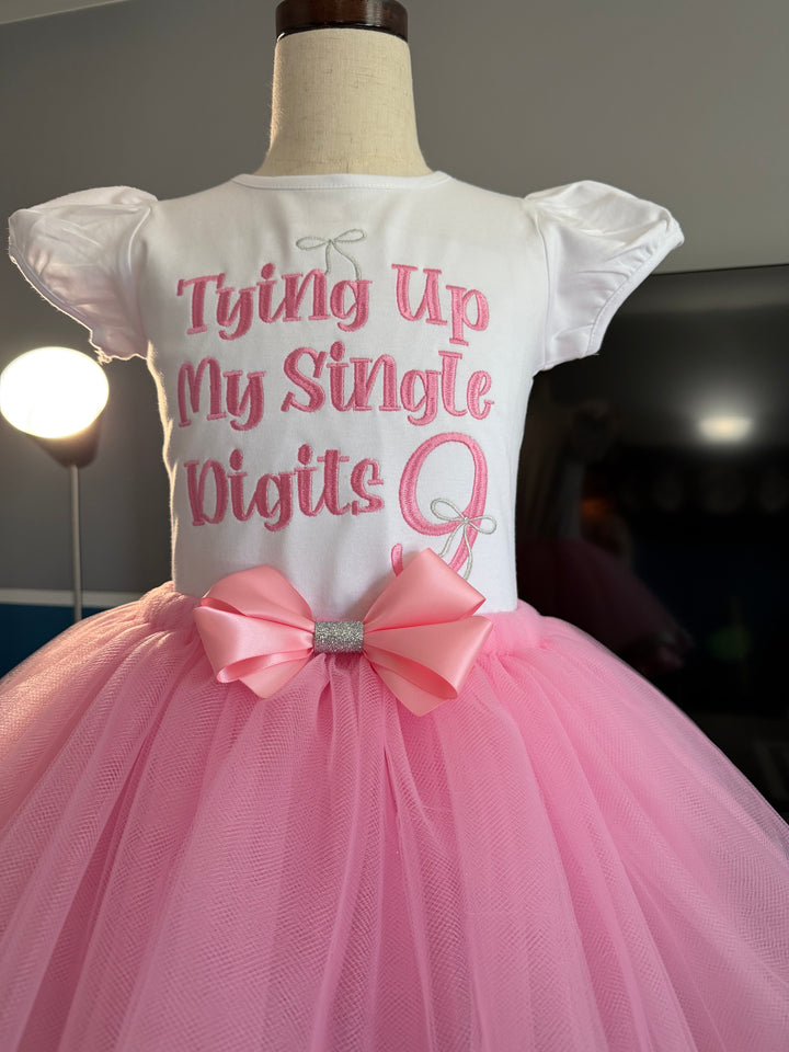 Tying Up My Single Digits 9th Birthday Outfit Girl| Custom Embroidered Shirt &amp; Tutu Set| Sizes 6M-12Y