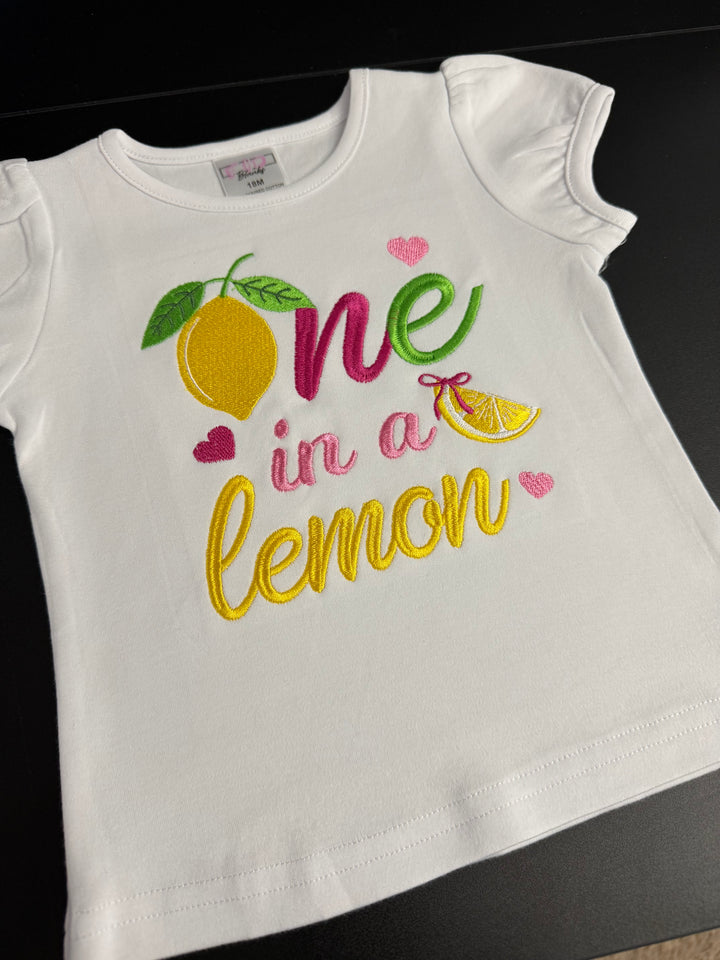 One in a Lemon Birthday Outfit- Embroidered Lemon Shirt &amp; Double Trim Tutu Set
