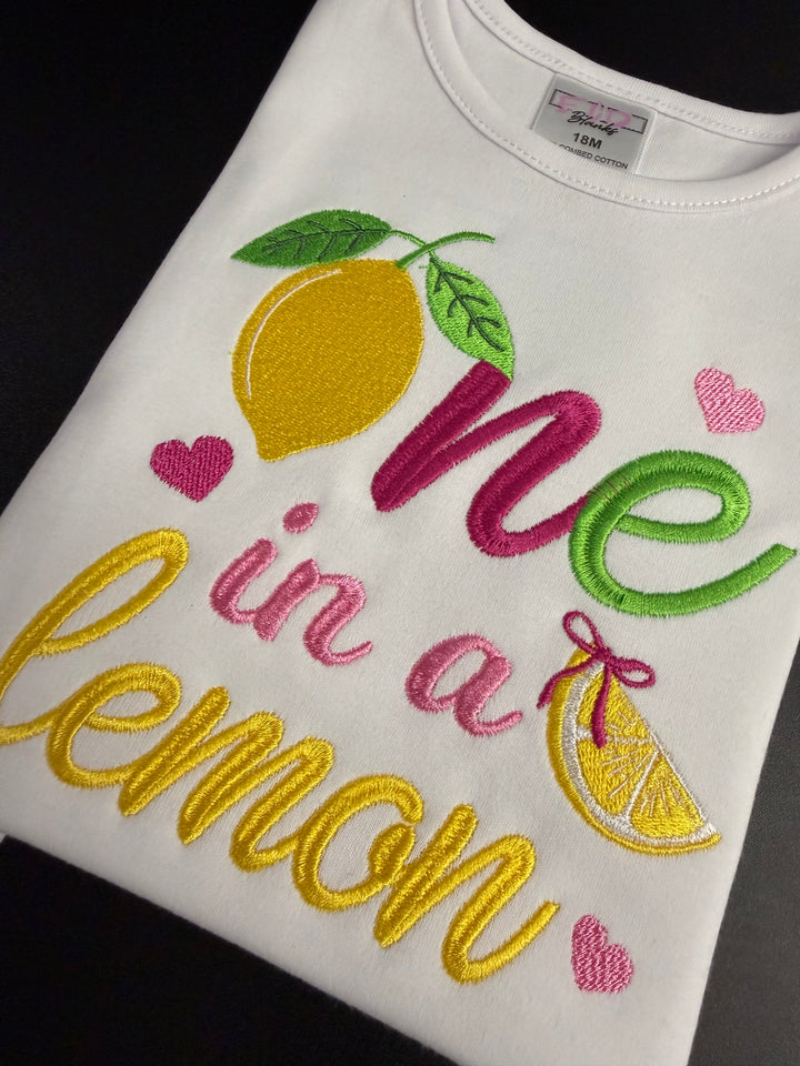 One in a Lemon Birthday Outfit- Embroidered Lemon Shirt &amp; Double Trim Tutu Set