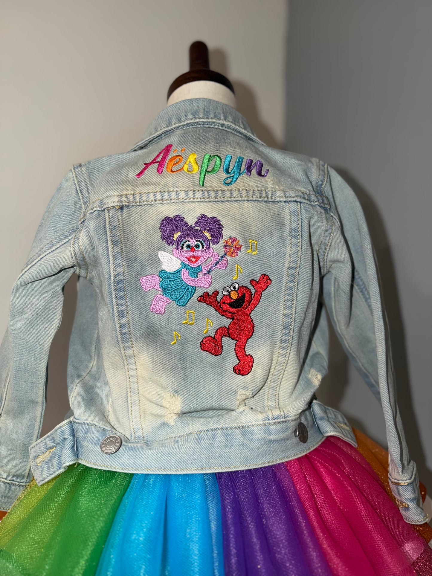 Elmo and Abby inspired denim toddler jacket