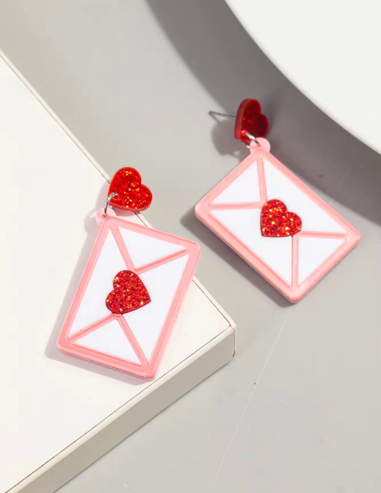 Red glitter heart envelope earrings