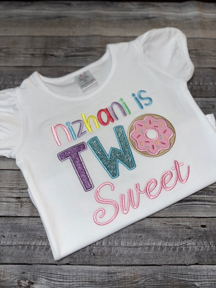 TWO sweet themed birthday outfit, ribbon trimmed skirt with matching donut shirt.
