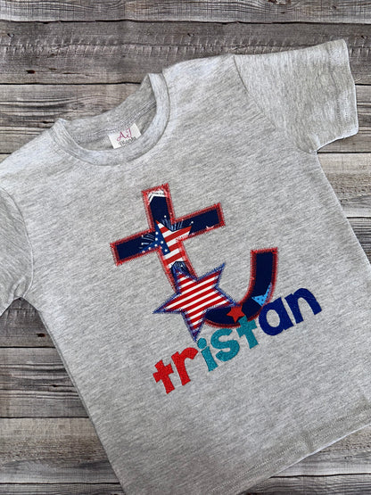 Personalized Patriotic Birthday Shirt for Boys – Embroidered Initial Fourth of July Tee