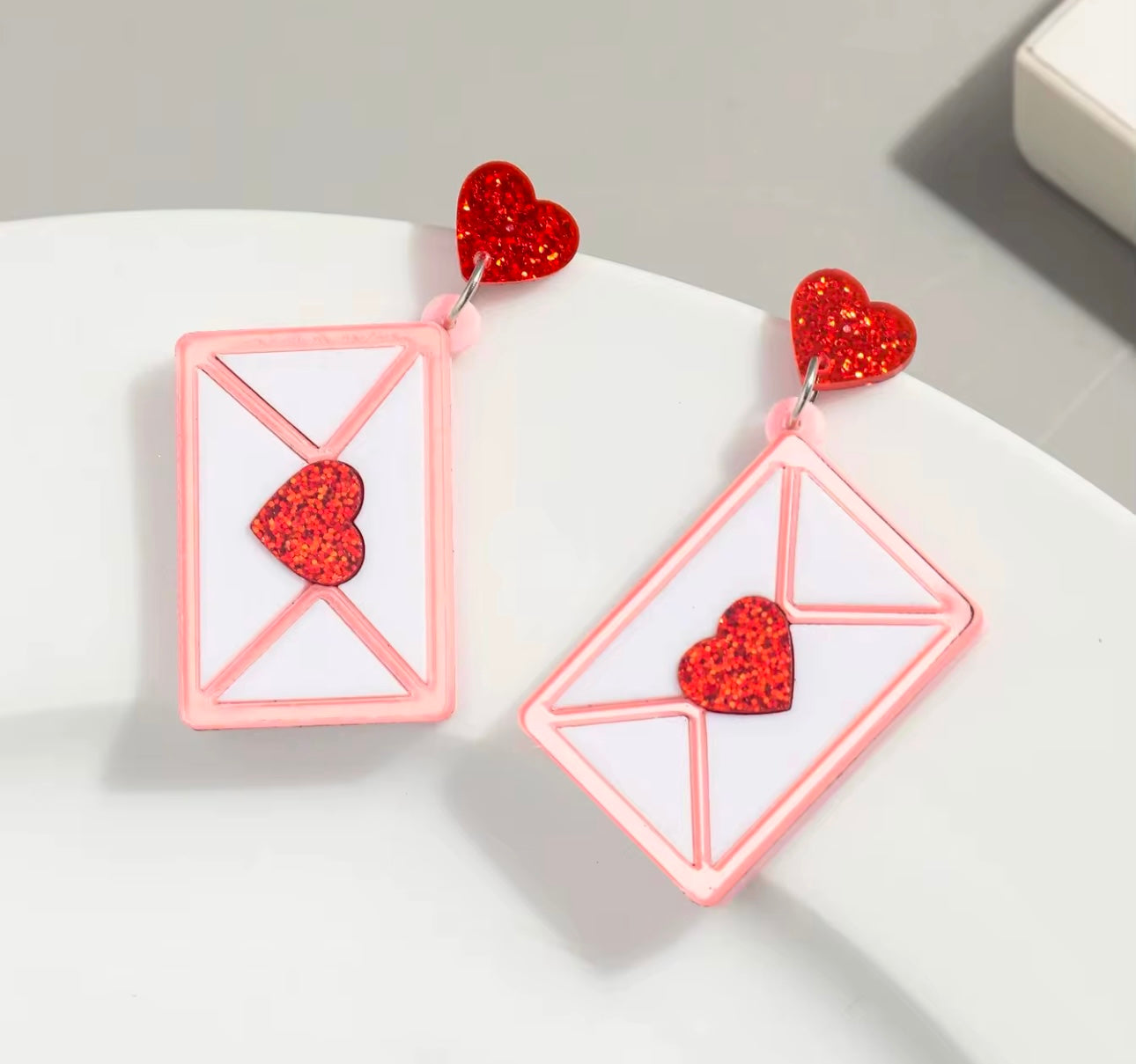 Red glitter heart envelope earrings